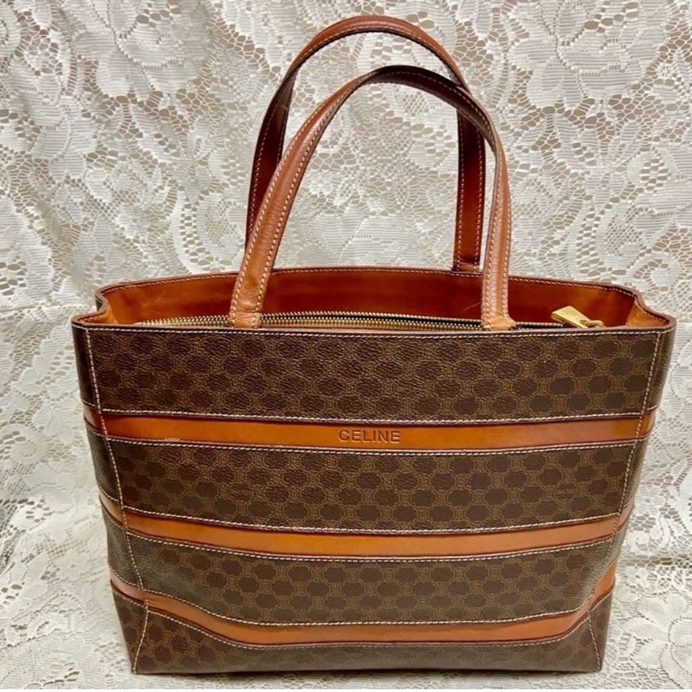 Celine, Paris, Italy, Large Brown Macadam Handbag 10in x 12in x 4.5in.